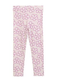 Leggings van een zachte stof, met een lichtroze achtergrond en een herhalend patroon van paarse bloemen omrand met roze.