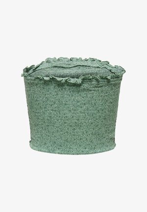 Panier de rangement en tissu texturé vert avec un bord supérieur froncé, de forme cylindrique, texture douce et construction sans couture.