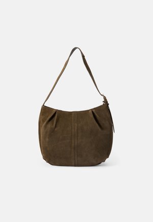 Brown suede shoulder bag with a slouchy shape, featuring gathered detailing at the top and a single strap. Simple design with no visible hardware.