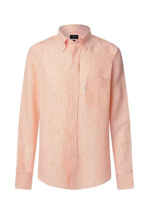 Camicia a maniche lunghe a righe arancione e bianca. Presenta un colletto button-down, una tasca singola e una vestibilità rilassata. Tessuto in cotone.