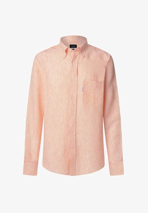 Gestreepte lange mouwen shirt in oranje en wit. Beschikt over een button-down kraag, één zak en een losse pasvorm. Katoenen stof.