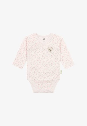 Long-sleeve baby bodysuit in light pink with a floral pattern, featuring a bear patch and snap closure at the bottom for easy dressing.