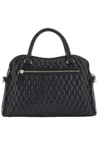 Sac à main matelassé noir avec un motif en losanges, deux poignées, quincaillerie en argent et une poche zippée à l'avant pour plus de détails et de fonctionnalité.