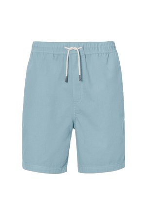 Helle blaue Badeshorts aus weichem Stoff, mit einem elastischen Bund und Kordelzug, sowie einer einfachen, glatten Textur.