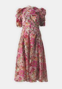 Vestido midi floral con mangas abullonadas, que presenta tonos de rosa, naranja y verde. Fabricado con tela ligera y una silueta suelta y fluida.