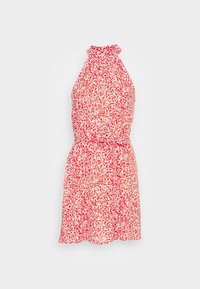 Röd och vit blommigt mönstrad halterneck-klänning med en rynkad halsringning och elastisk midja, med en flödande kjol och knyt-detalj.