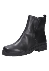 Bottine en cuir noir avec un extérieur lisse, bout arrondi, couture minimale et un petit talon carrée. Dispose d'une languette pour un enfilage facile.