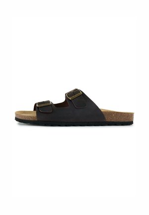 Brown open-toe sandal with two adjustable buckle straps and cork sole, shown in side profile on a white background.