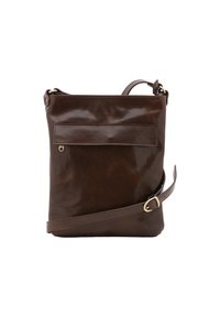 Borsa a tracolla in pelle marrone con finitura lucida, forma rettangolare, tasca frontale piatta e tracolla regolabile con accessori in tono oro.