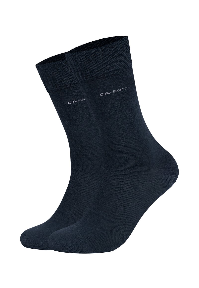 Dunkelblaue Baumwollsocken mit gerippten Abschlüssen, glatter Textur und einem dezenten Logo nahe der Oberseite. Vollständig mit verstärkter Zehen- und Fersenpartie.