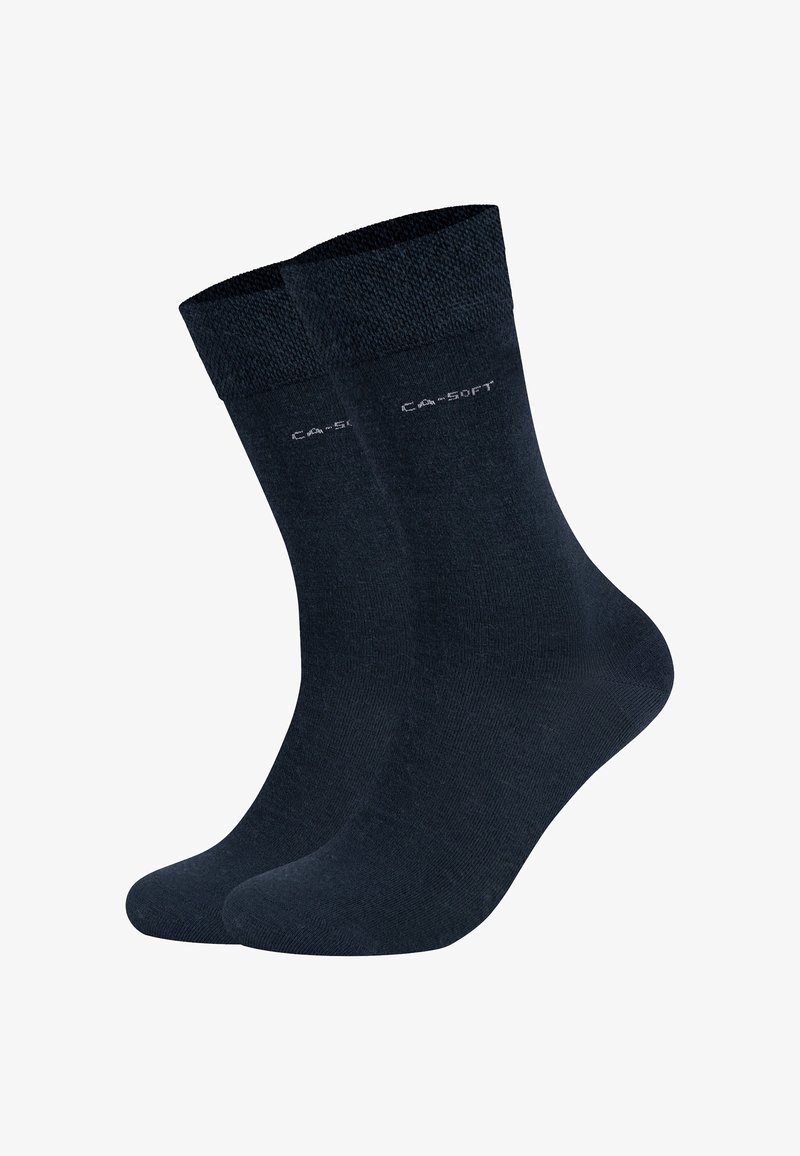 Dark navy cotton socks with ribbed tops, smooth texture, and a subtle logo near the upper side. Full-length with reinforced toe and heel.
