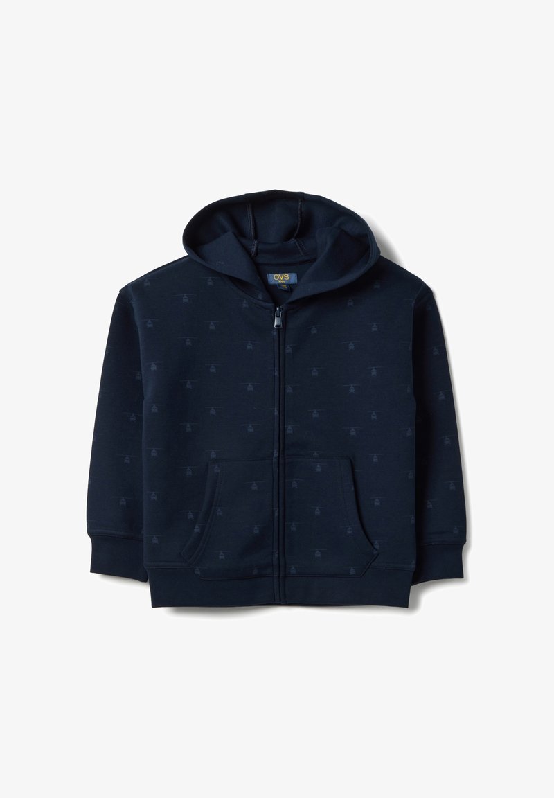 Sweat à capuche zippé bleu marine avec un motif subtil sur l'ensemble, deux poches avant et une capuche à cordon. Fabriqué en tissu doux et extensible.