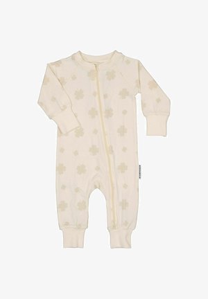 Cremefarvet bomuldsbody med lynlås foran, der har subtile blomsterprints og manchetter ved ærmer og ben for en tætsiddende pasform.