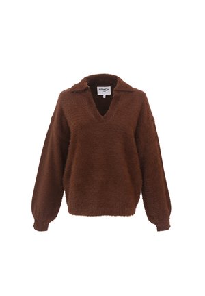 Brauner, flauschiger Pullover mit V-Ausschnitt und Kragen, langen puffartigen Ärmeln und lockerer Passform. Weiche Textur und einfarbig.