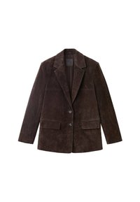Blazer in suede marrone con rever a punta, due tasche frontali e due bottoni. Texture morbida con un colore solido e vestibilità su misura.