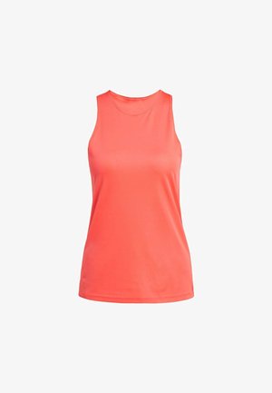 Korallinvärinen ilmanhiha athleettinen toppi, jossa on pyöreä pääntie, sileä kangas ja ei näkyviä logoja tai kuvioita.