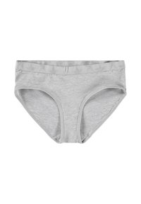 Grijze katoenen slips met een gladde textuur, lage taille en een gemusterde elastische tailleband met kleine stermotieven.