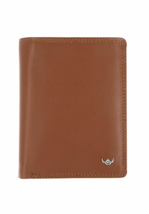 Portefeuille en cuir marron avec des coutures visibles et un petit logo argenté dans le coin inférieur droit sur fond blanc.