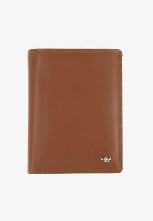 Portefeuille en cuir marron avec des coutures visibles et un petit logo argenté dans le coin inférieur droit sur fond blanc.