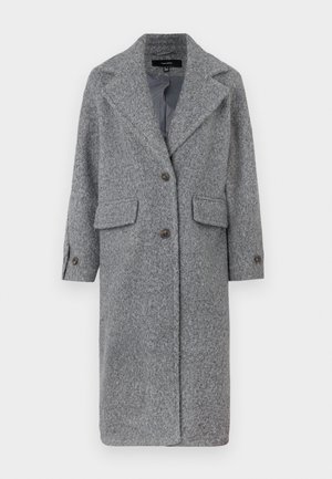 Šedý vlněný kabát s příblendem, s klopovým límcem, dvěma předními kapsami a zapínáním na knoflíky. Navržený s volným střihem a dlouhými rukávy.
