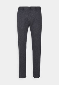 Pantaloni grigio scuro realizzati in un tessuto texturizzato; presentano una chiusura con bottone, passanti per cintura e gambe dritte con un delicato dettaglio di cucitura.