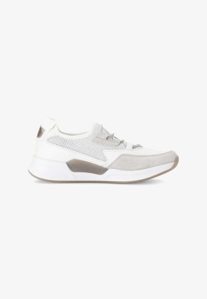 White mesh and suede sneakers with a light gray sole, featuring a streamlined design and lace-up closure. Accented with a reflective heel.