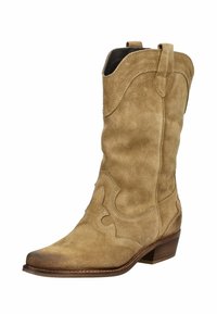 Botte de cowboy en daim, de couleur tan, avec un bout pointu et un talon bas empilé. Elle présente des coutures décoratives et des tirants pour un enfilage facile.