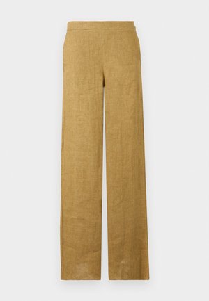 Hoch taillierte, weit geschnittene Hose aus hellbraunem Leinenstoff mit glatter Vorderseite und minimalistischem Design.