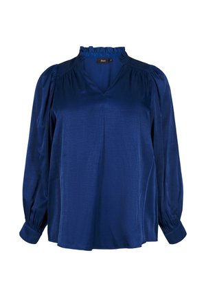 Blusa blu navy a maniche lunghe con colletto arricciato, scollo a V, spalle arricciate e polsini con bottoni.