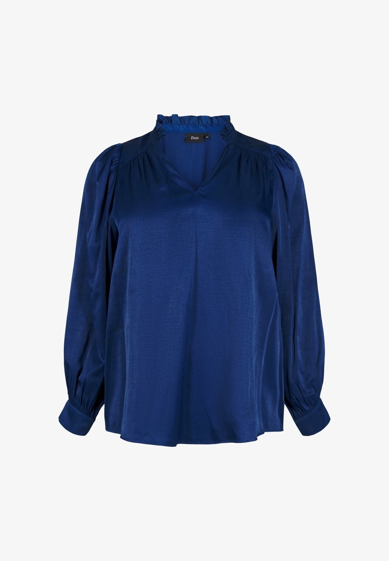 Blouse bleu marine à manches longues avec col à volants, encolure en V, épaules froncées et poignets boutonnés.