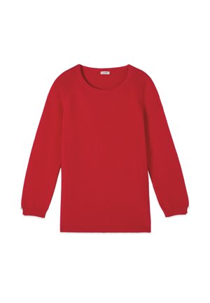 Pulover roșu tricotat cu decolteu rotund, mâneci lungi și textură reiată. Dispune de manșete și tiv strâmte, conferind un aspect structurat.