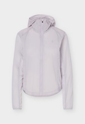 Chaqueta con capucha de color púrpura claro con cremallera frontal, mangas largas y ajuste slim, mostrada sobre un fondo liso.