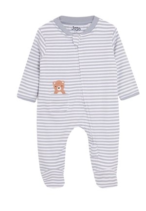 Šedý a biely pruhovaný dieťaťkovský overal s dlhými rukávmi, nožičkami, predným zipsom a malou vreckovou s motívom medvedíka.