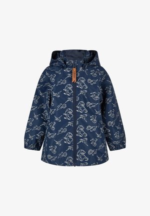 Marineblauer Kinderregenmantel mit Kapuze und Reißverschluss, verziert mit weißen Dino-Umrissmustern und einem braunen Leder-Reißverschlussanhänger.