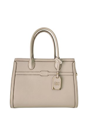 Beige gestructureerde leren handtas met dubbele bovenhandgrepen en een hangend label met de tekst GMV Gianmarco Venturi.