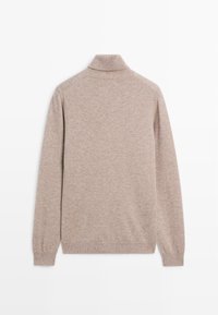 Beige knit sweater with a high neck, long sleeves, and ribbed cuffs. Soft texture with a lightweight design, suitable for layering.