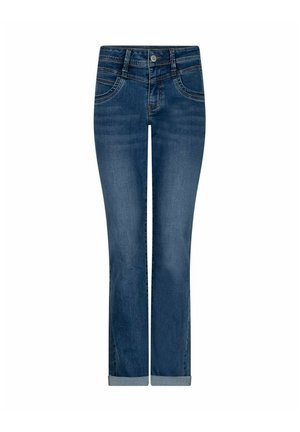 Klassieke blauwe denim jeans met recht model, knoop- en ritssluiting aan de voorkant en opgerolde boorden.