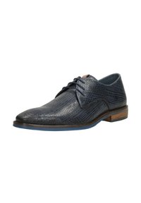 Heren blauwe leren dress shoe met een gestructureerd patroon, puntige neus en een bruine zool. Bevat veters en een laag enkelontwerp.