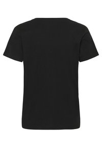 T-shirt noir uni à manches courtes et col rond, vu de dos avec un ourlet droit et une couture standard.