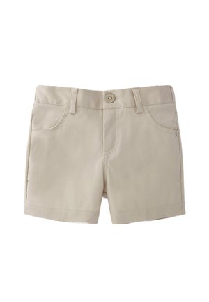 Shorts en coton beige avec bouton devant, passants de ceinture et deux poches avant, présentés sur fond blanc.