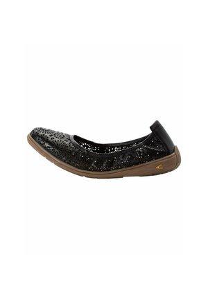 Black ballet flats featuring cutout floral patterns, synthetic upper, leather accents, cushioned brown sole, and pull tab at the heel.