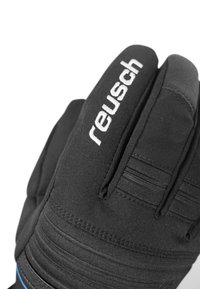 Schwarze Handschuhe aus weichem Stoff mit strukturierten Oberflächen; verfügen über ein weißes Logo und Stitching-Details und bieten durch elastische Akzente eine snug fit.