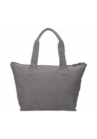 Grijze corduroy tote bag met dubbele handvatten en ritsluiting aan de bovenkant, weergegeven tegen een witte achtergrond.