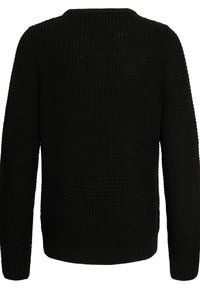 Black knitted sweater with a textured, waffle-like pattern. Features a crew neck and ribbed cuffs and hem. Back view shown.