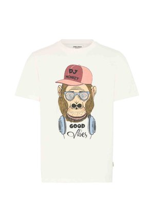 Hvid T-shirt med en tegneserieabe iført briller, en lyserød kasket med teksten "DJ Monkey", blå høretelefoner og teksten "Good Vibes" nedenunder.