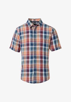 Kurzarm, karierte Hemd in Orange, Blau und Weiß. Hergestellt aus leichtem Stoff mit einem Button-down-Kragen und einer Brusttasche.