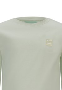 T-shirt verde chiaro a maniche lunghe in cotone morbido, con scollo rotondo e una piccola toppa rettangolare con logo sul petto.