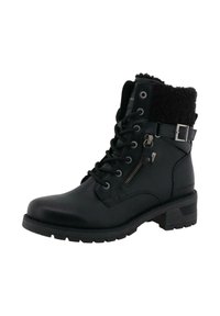 Bottines noires en cuir, avec un col en fausse fourrure, un laçage à l'avant, une fermeture éclair sur le côté et un petit talon carré avec une semelle texturée.