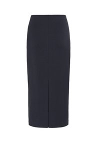 Knee-length, temno mornar krilni krilo iz raztegnjenega blaga, ki ima zadnji razporek za lažje gibanje in čist, prilagojen silhuet.