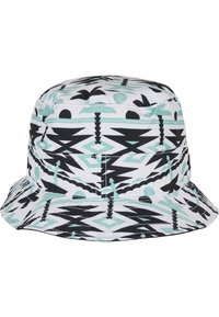 Bucket-Hut aus Stoff mit einem geometrischen Muster in Schwarz, Weiß und Mintgrün. Hat eine breite Krempe und eine runde Krone.